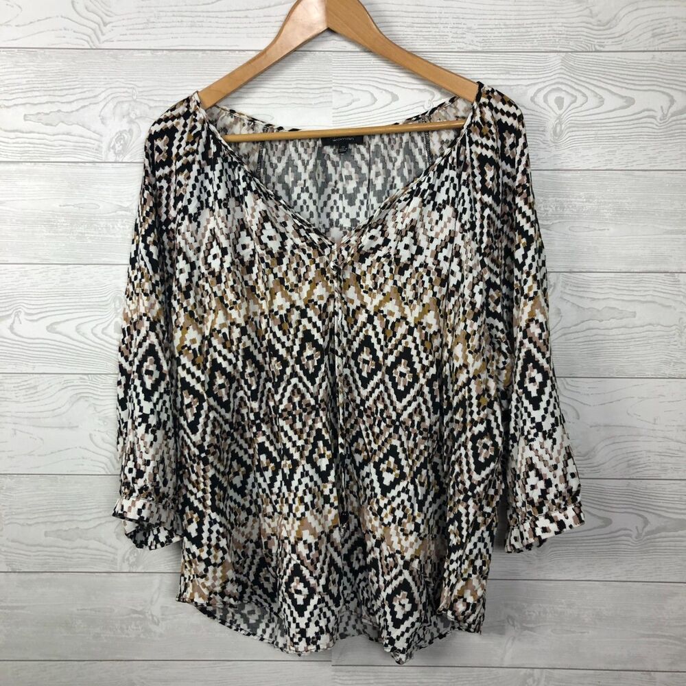 Spense Women's Size 1X Printed V Neck Blouse 3/4 Sleeve Brown Black Shirt
